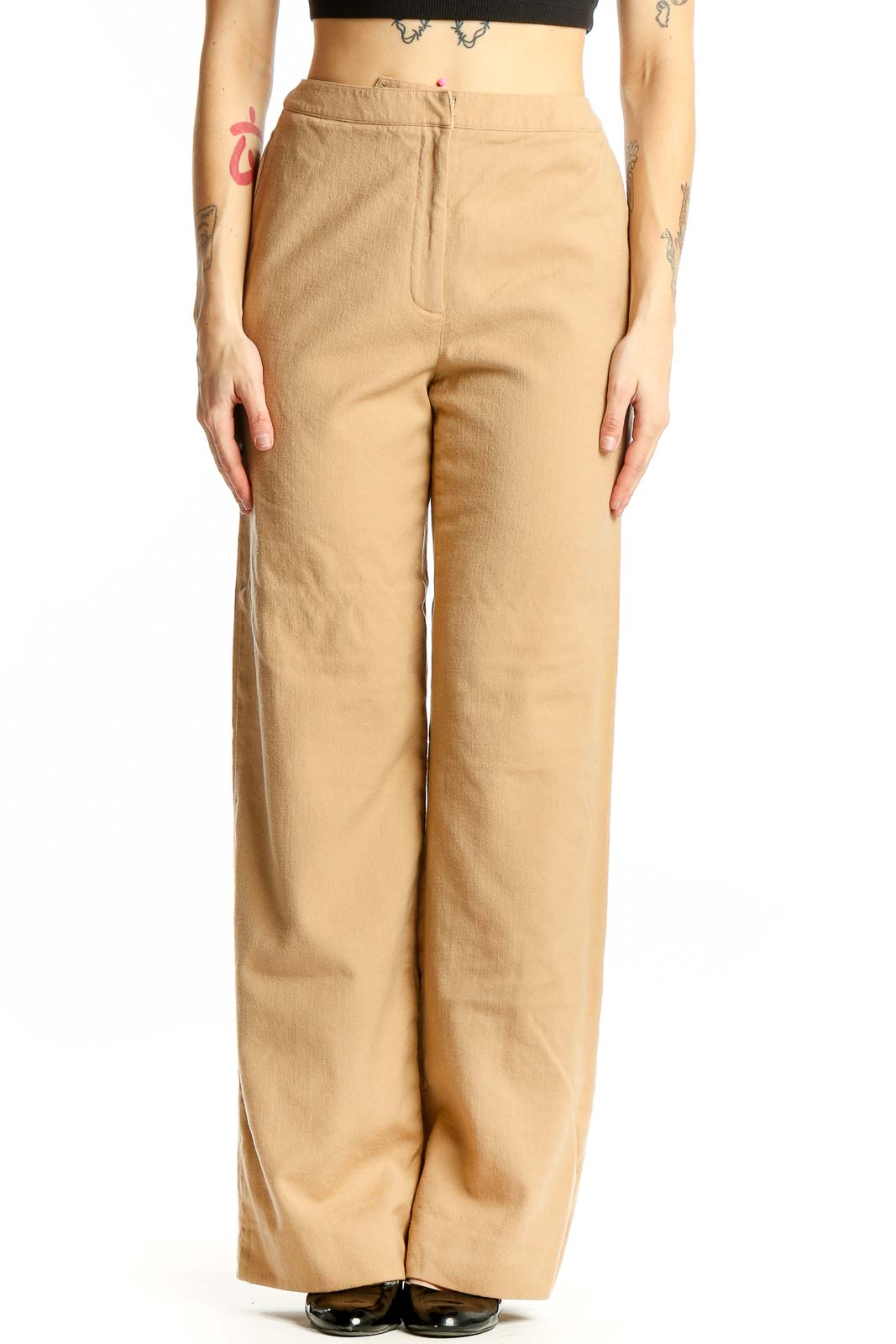 Beige Wool Wide-Leg Trousers Front