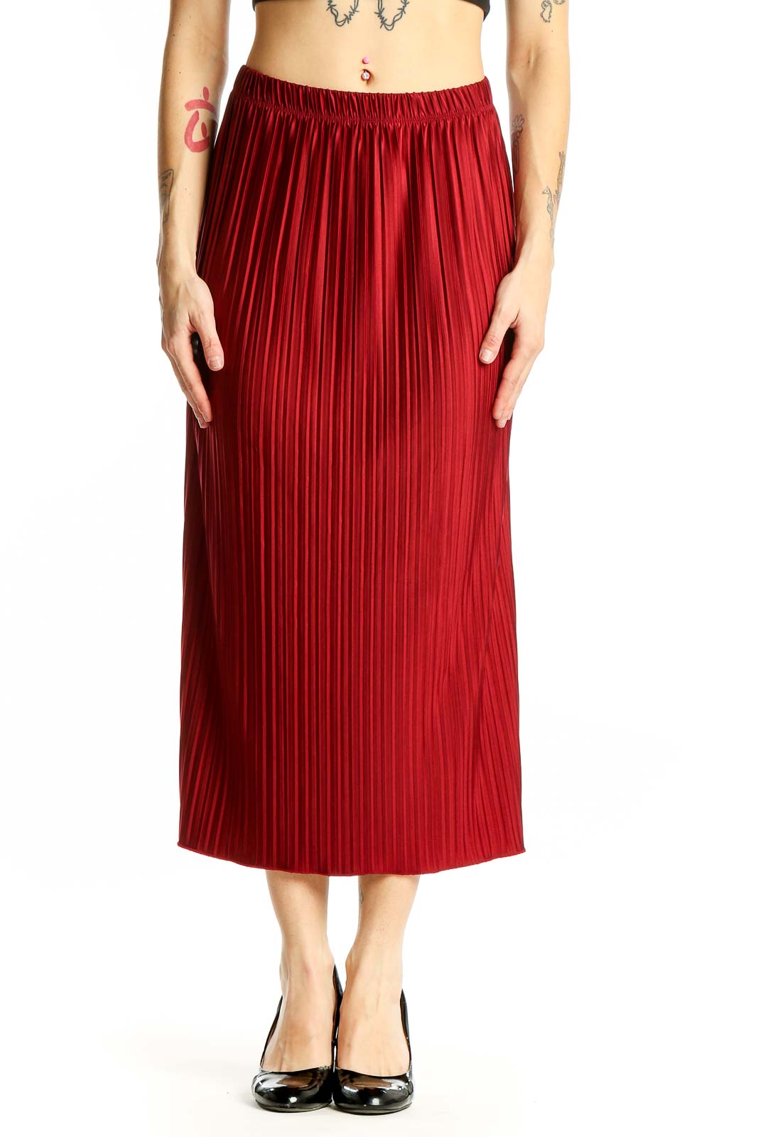 Red Pleated Midi Skirt Front