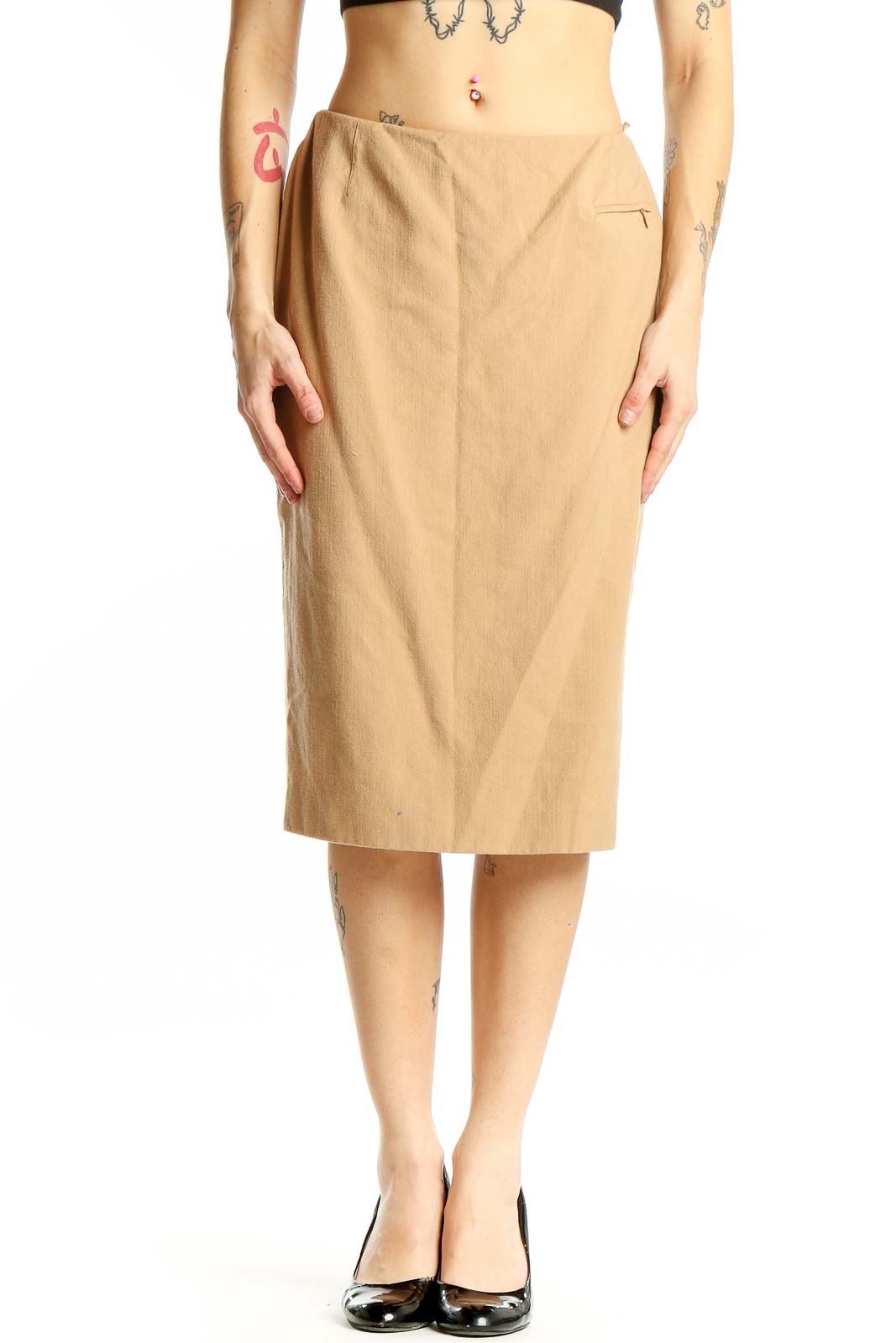 Beige Wool Pencil Skirt Front
