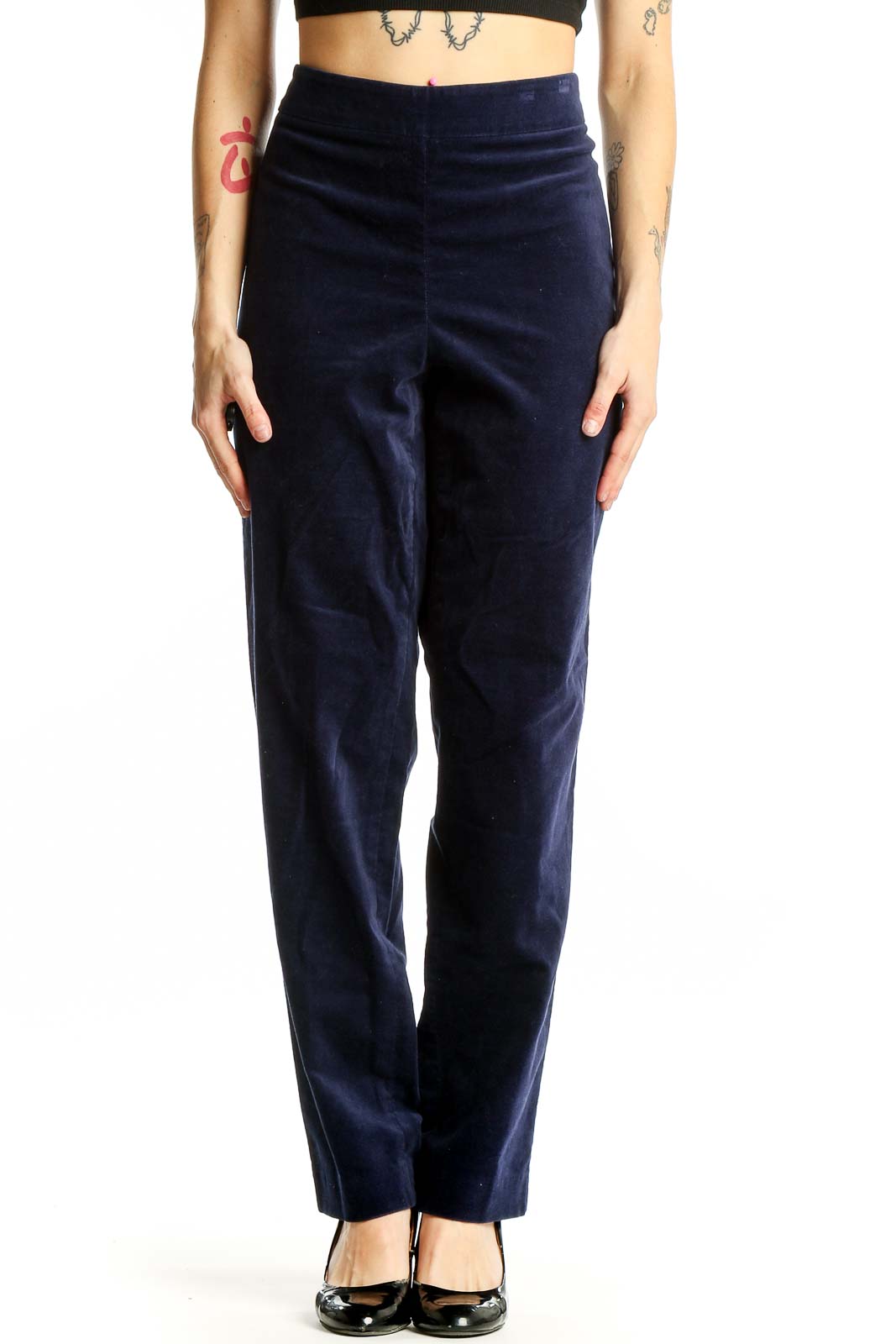 Navy Cotton-Blend Straight-Leg Pants Front
