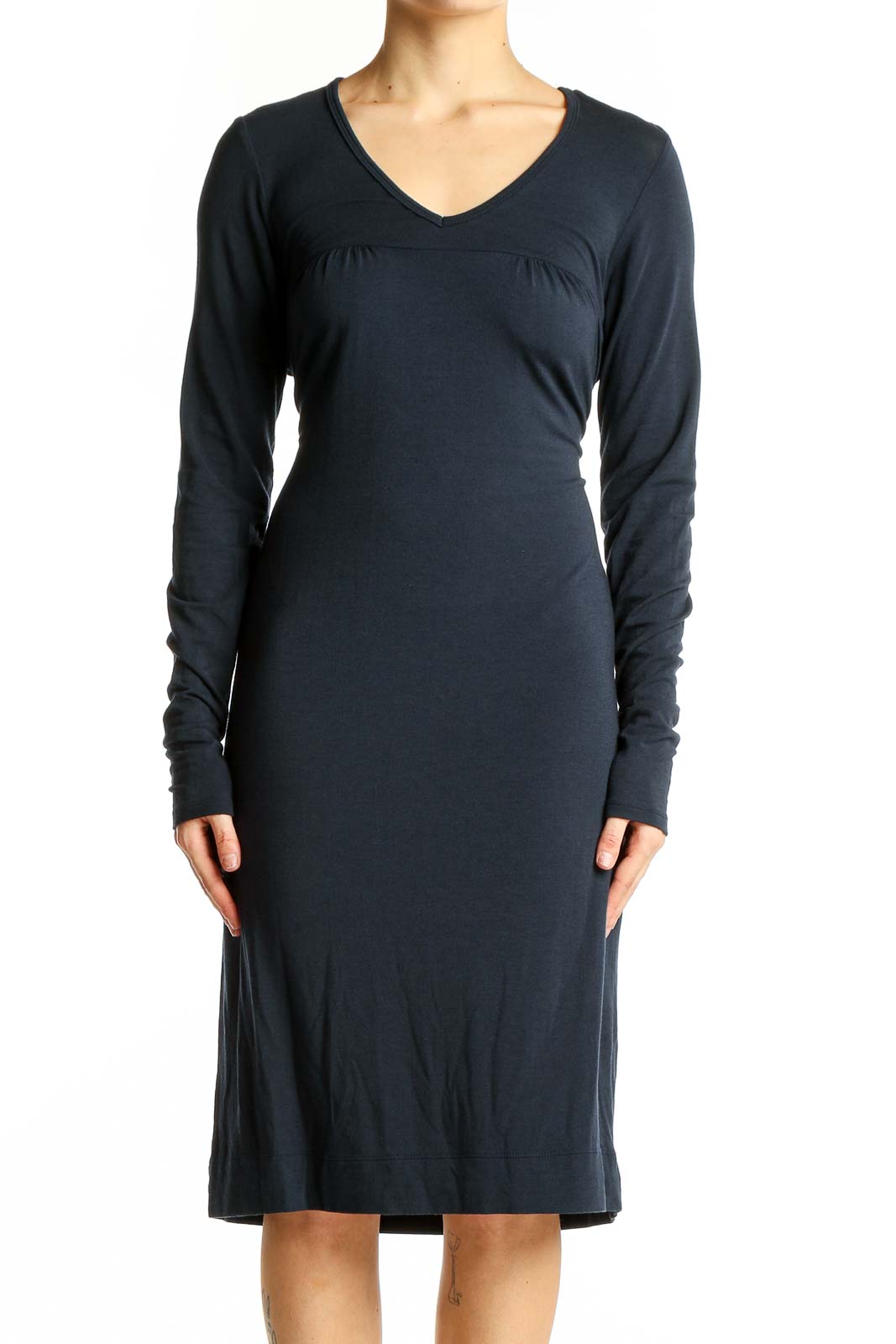 Navy V-Neck Long Sleeve Midi Dress Front
