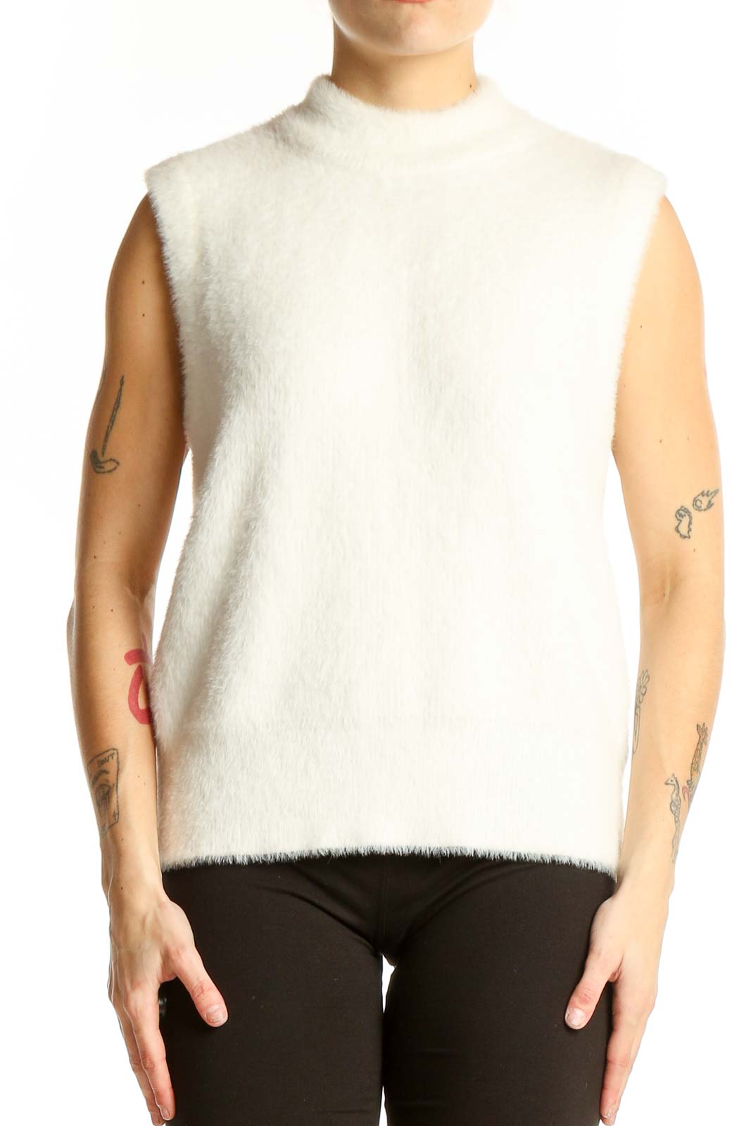 White Fuzzy Sleeveless Mock Neck Sweater Front