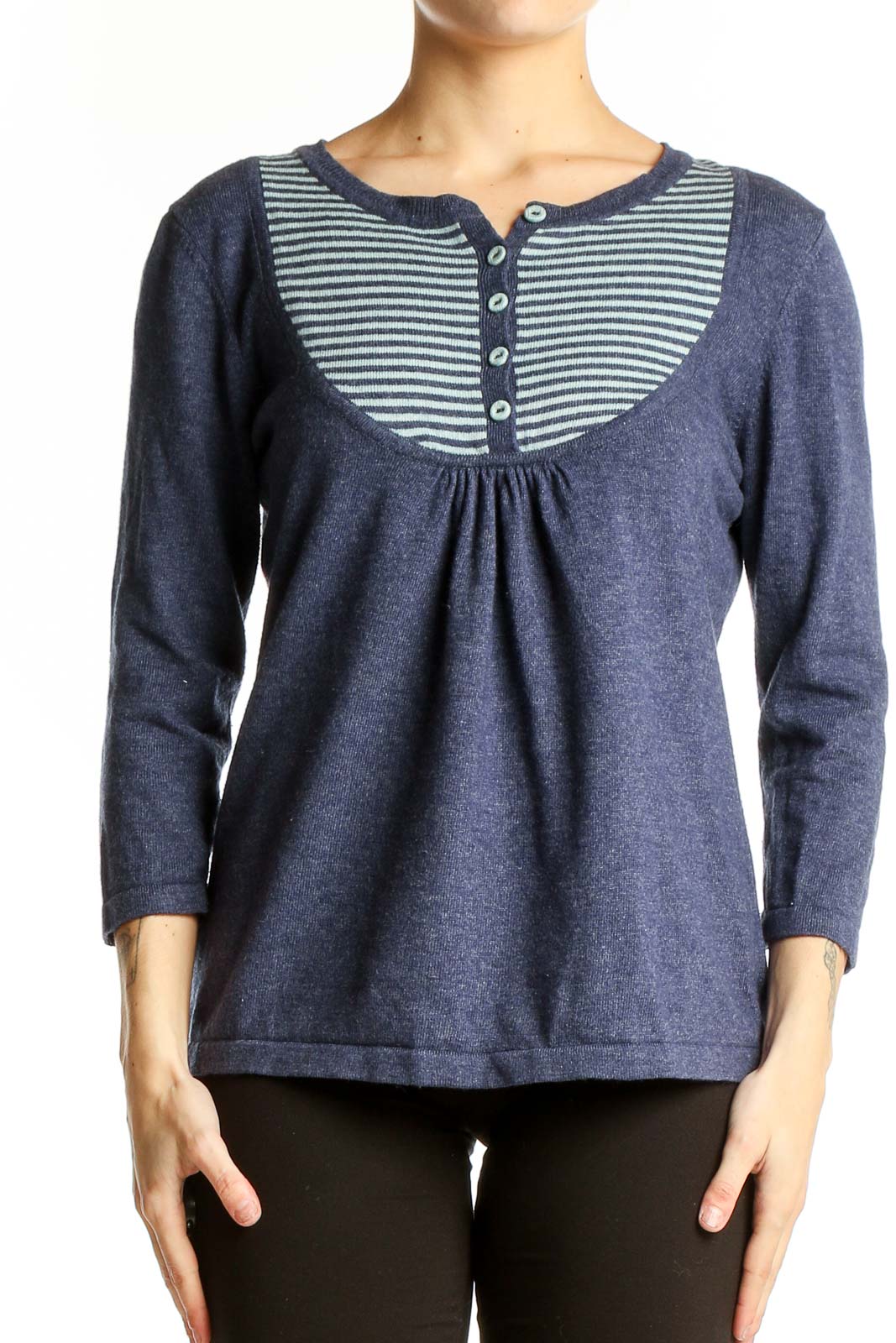 Navy Striped Henley Knit Top Front