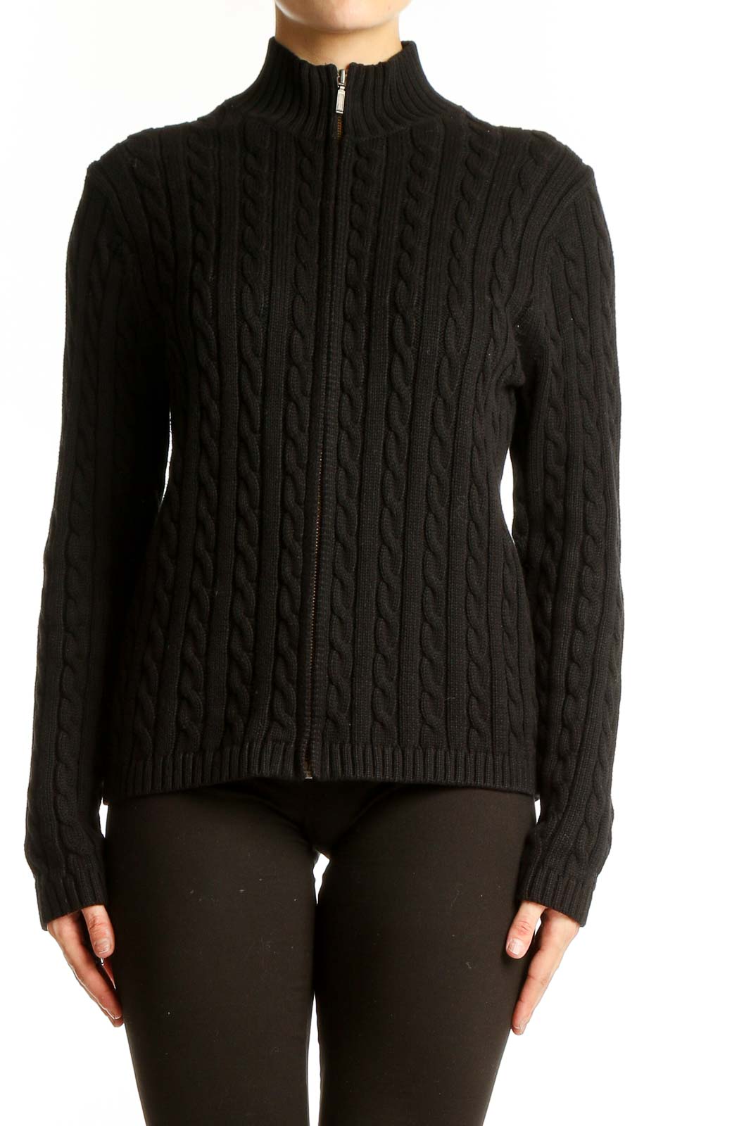 Black Cable Knit Zip-Up Sweater Front