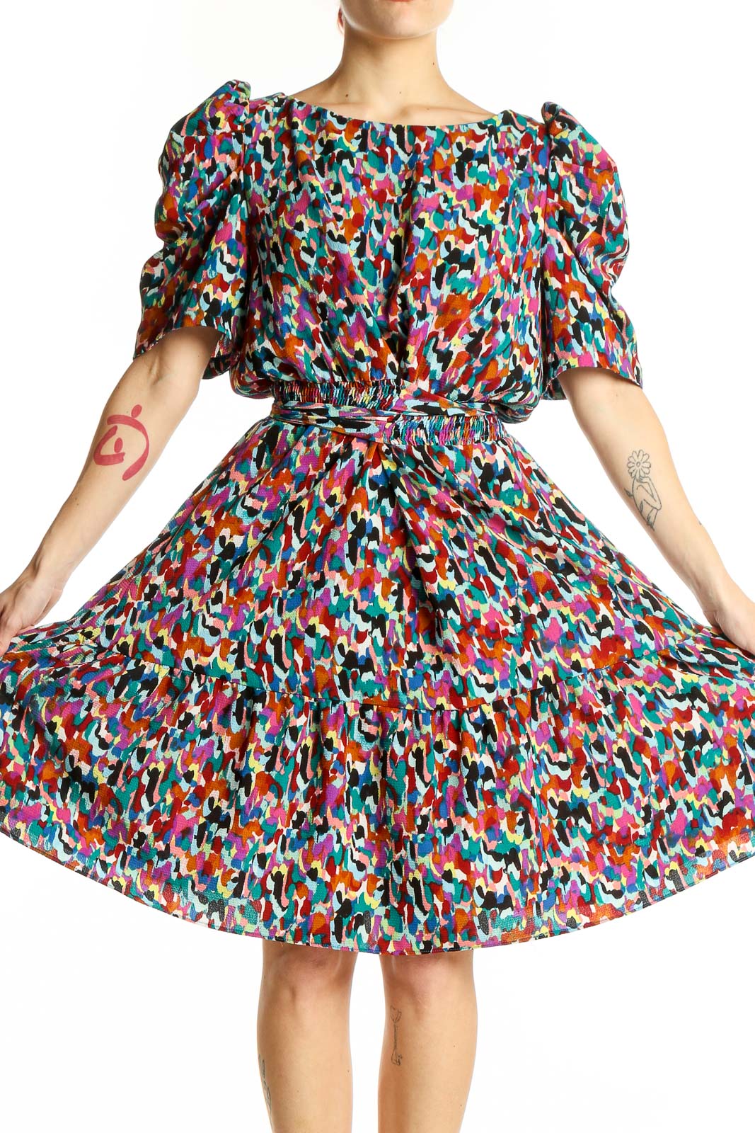 Multicolor Abstract Print Puff Sleeve Dress Front