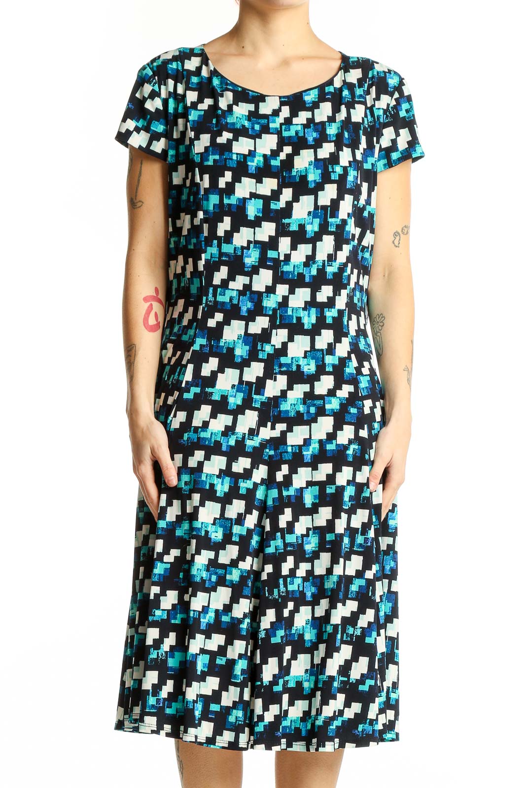 Blue Geometric Print A-Line Dress Front