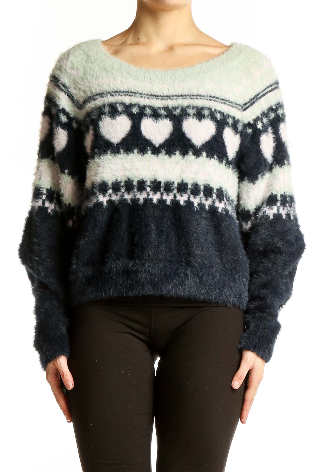 Navy and White Heart Pattern Fuzzy Sweater Front