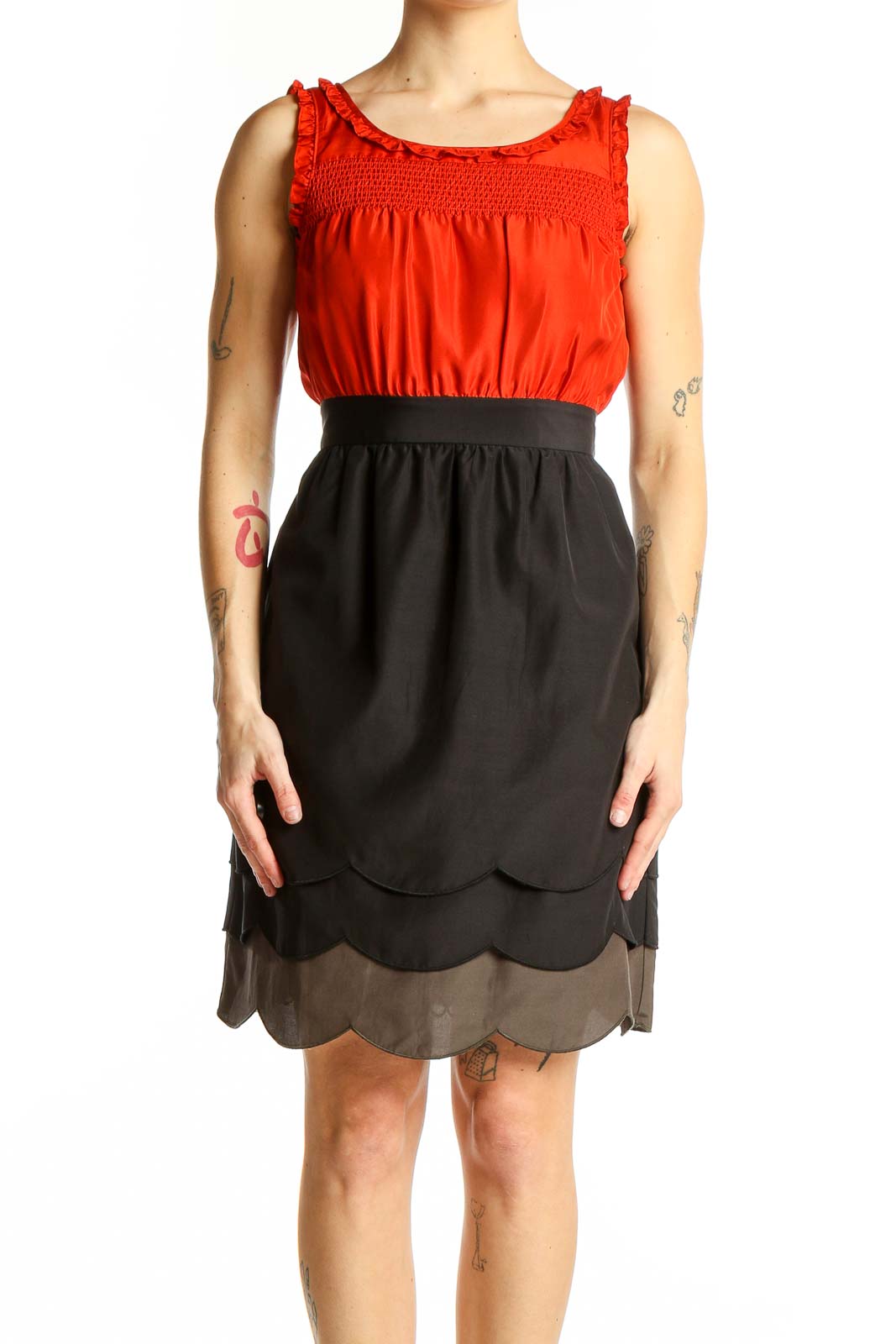 Red Silk Sleeveless Dress with Scalloped Skirt Front