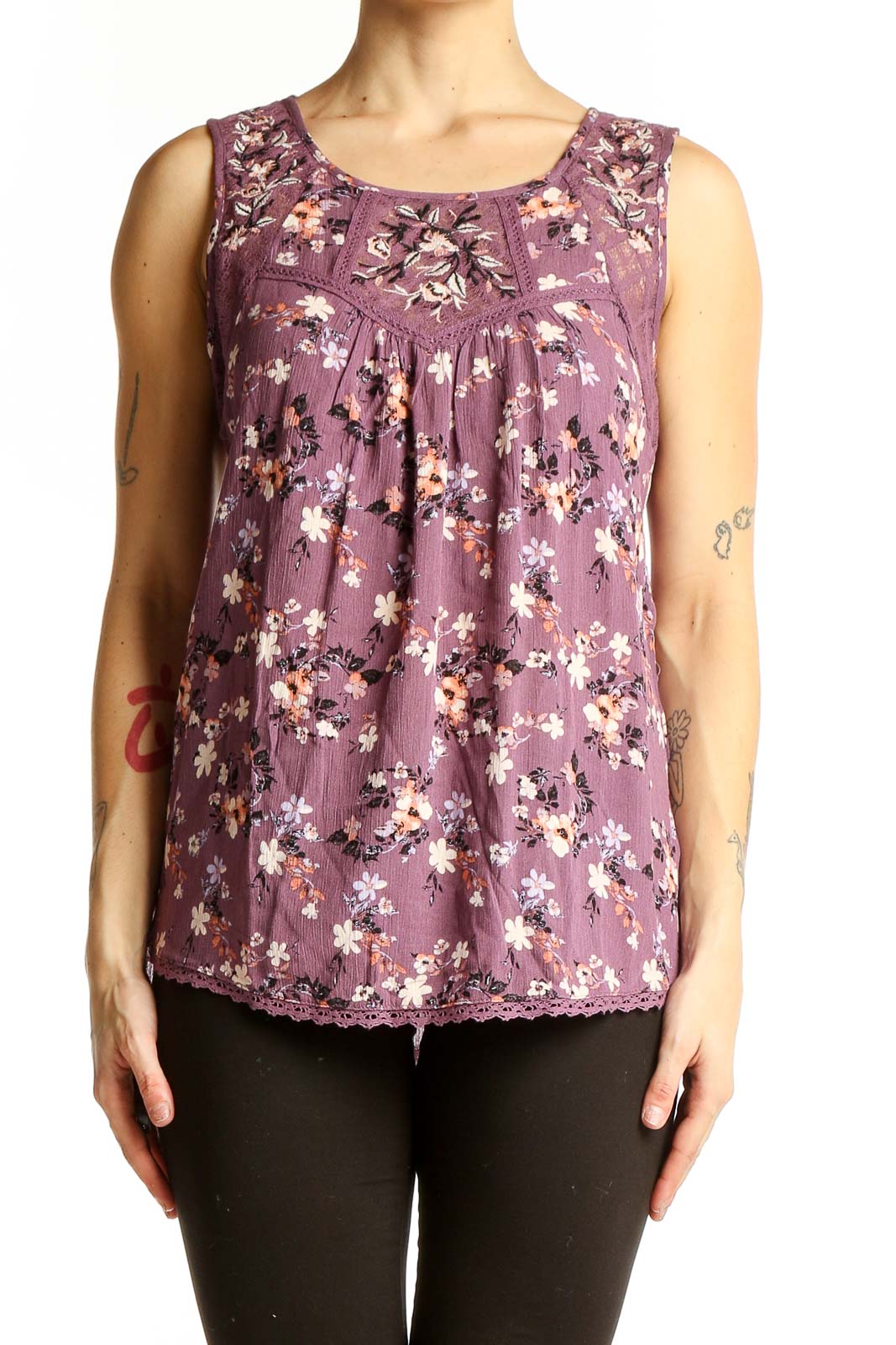 Purple Floral Sleeveless Blouse Front