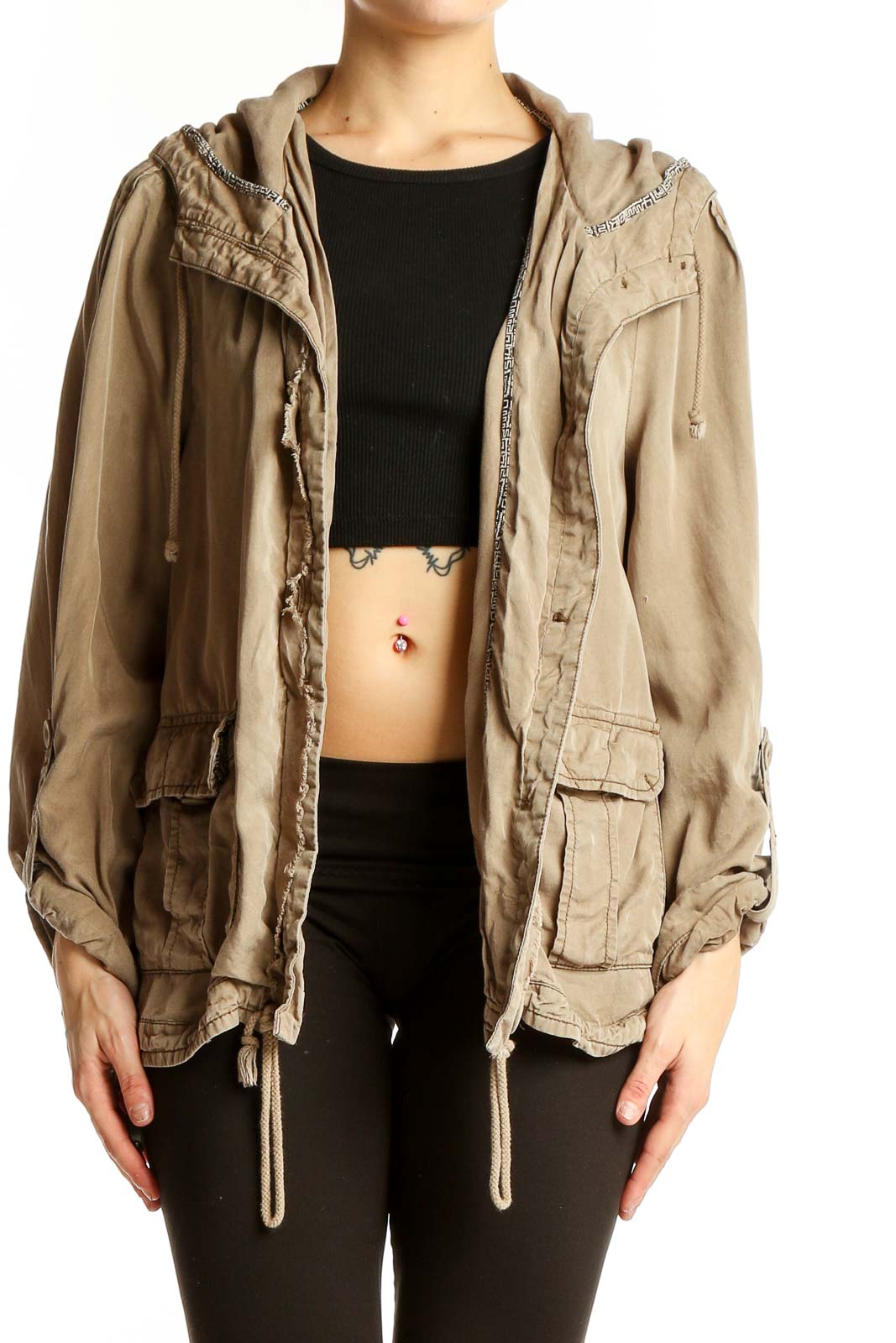 Beige Tencel Utility Jacket with Hood Front