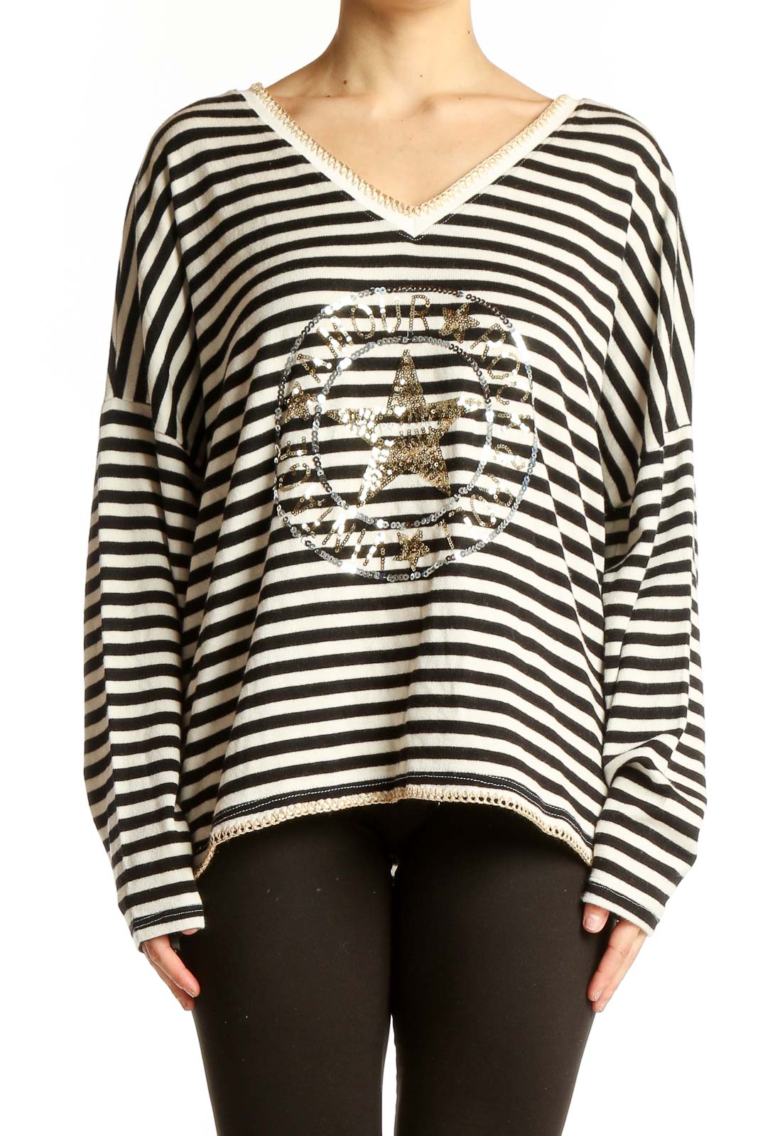 Black and White Striped V-Neck Oversized Top Front
