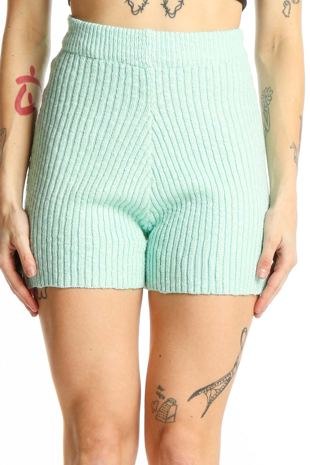 Mint Green Ribbed Knit Shorts Front