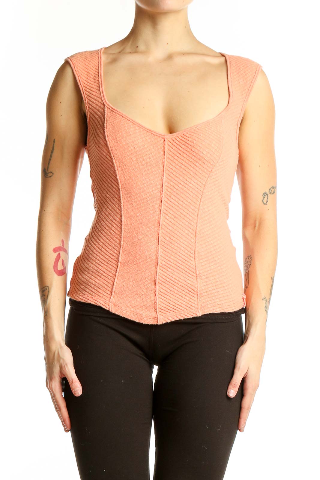 Peach Textured Sleeveless Crop Top Front
