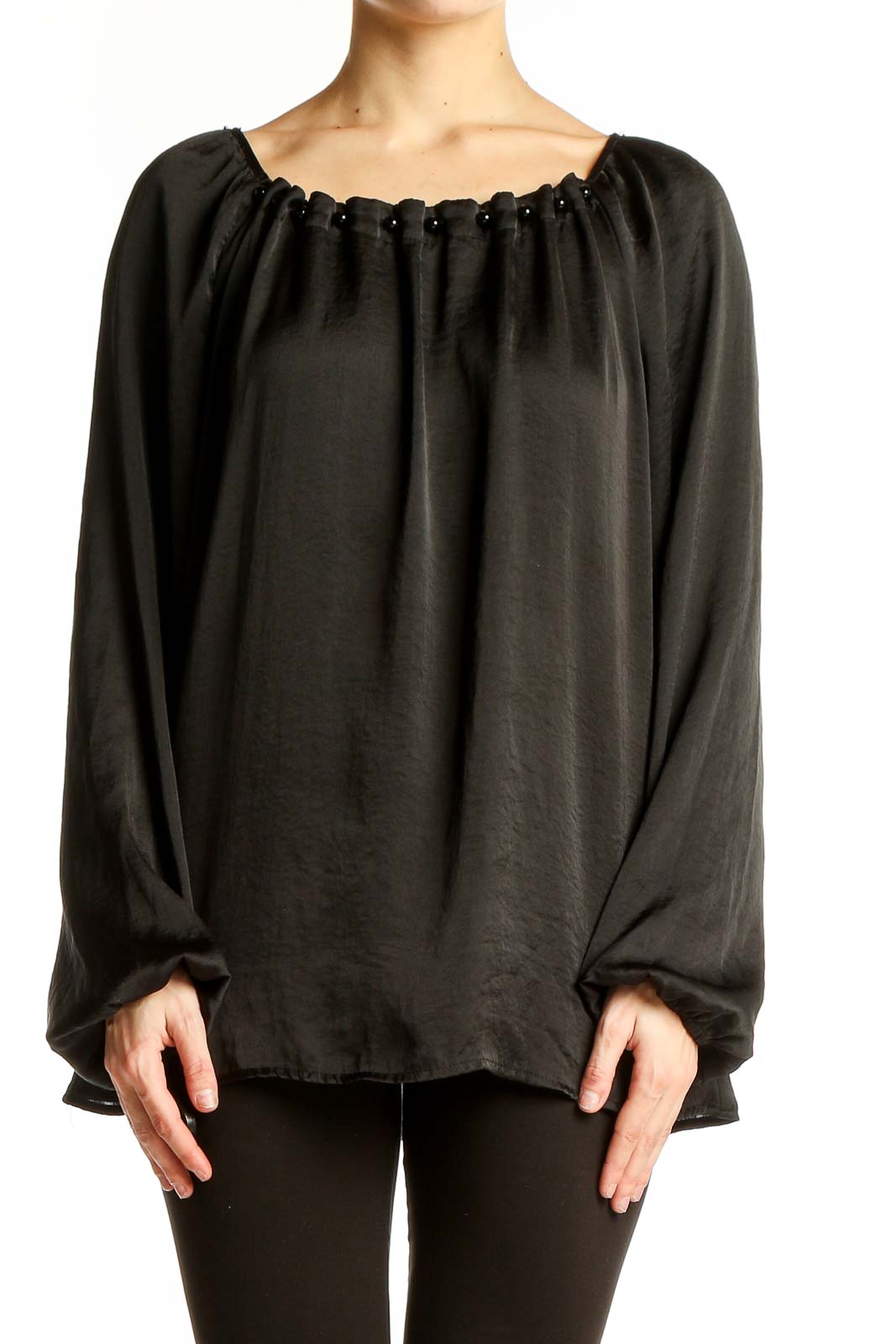 Black Flowy Polyester Peasant Blouse Front