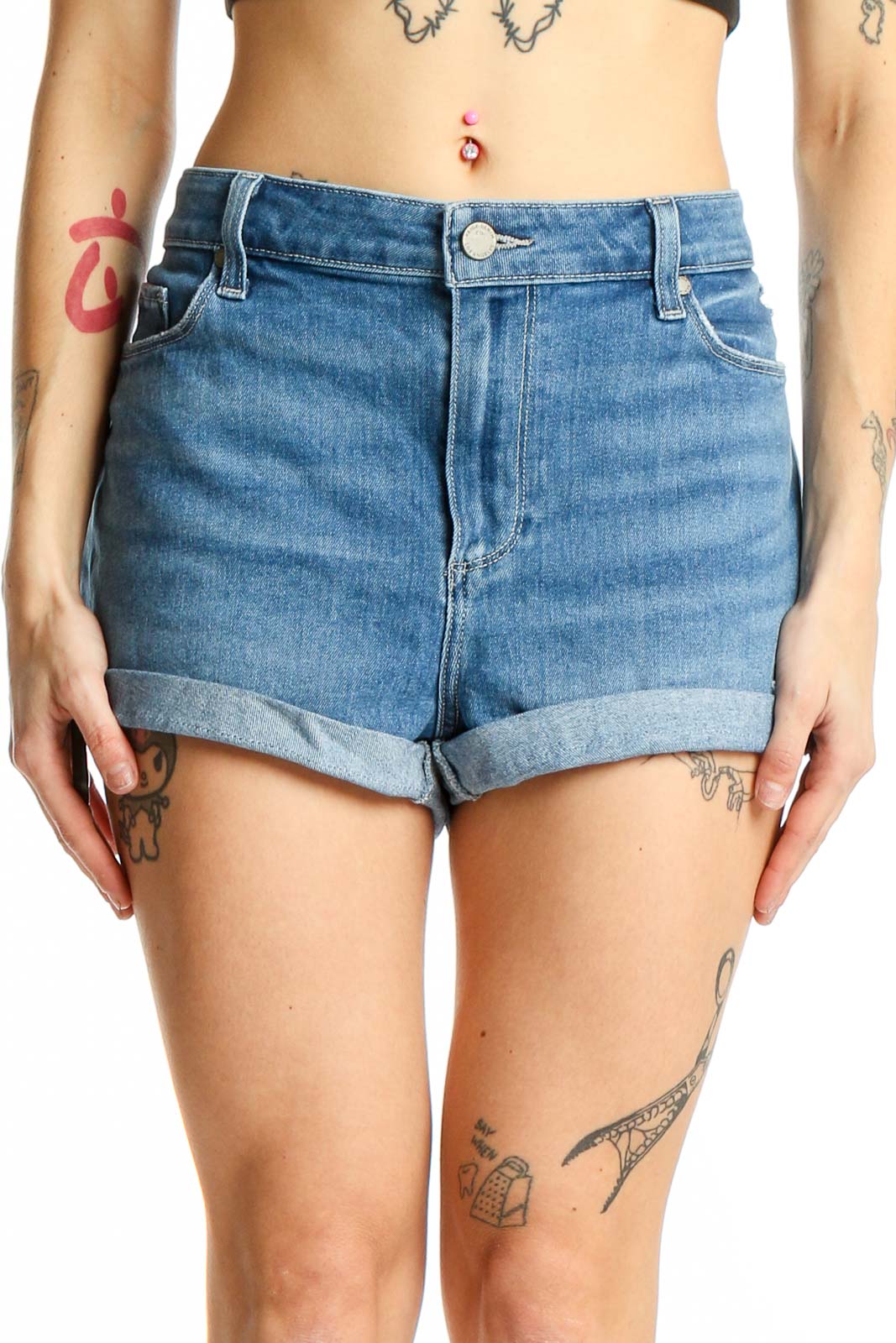 Blue Denim High-Waisted Cuffed Shorts Front