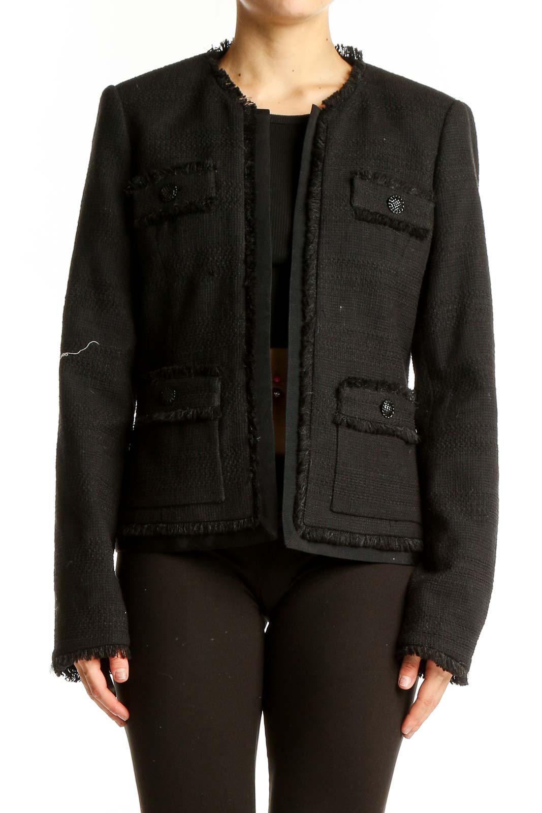 Black Tweed Fringe-Trim Blazer Front