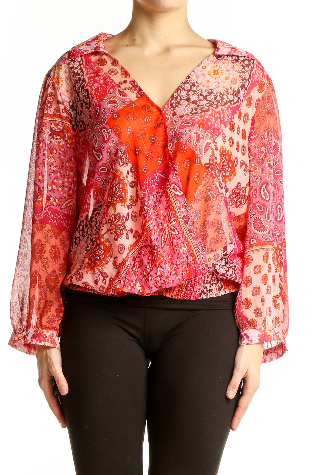 Orange Floral Paisley Wrap Blouse Front