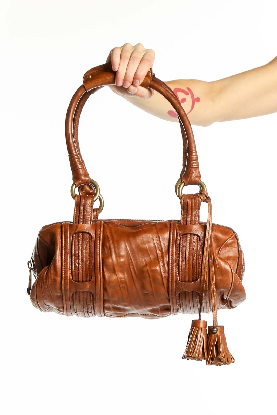 Brown Leather Shoulder Bag with Tassel Details Front