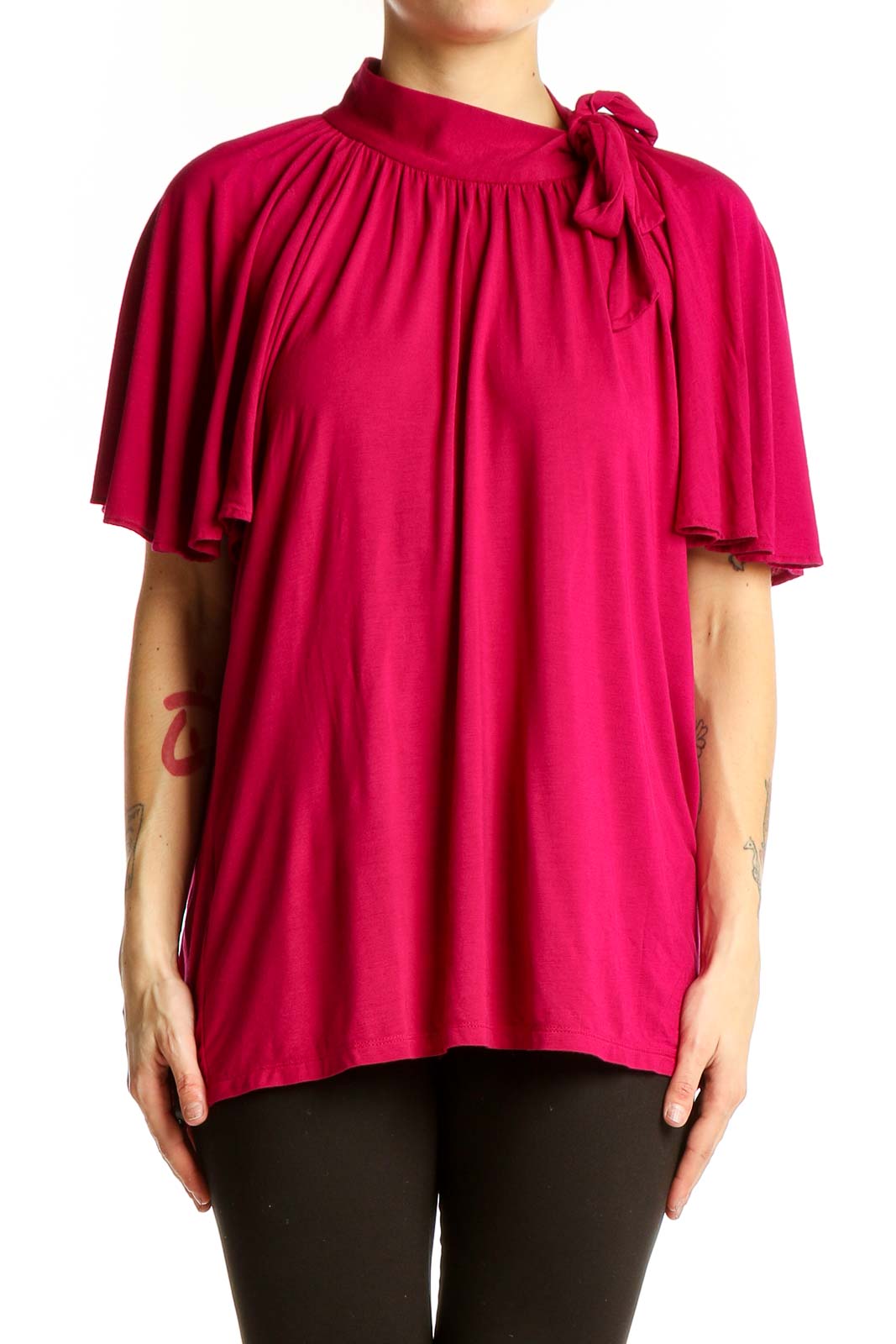 Fuchsia Flowy Cape-Sleeve Top Front