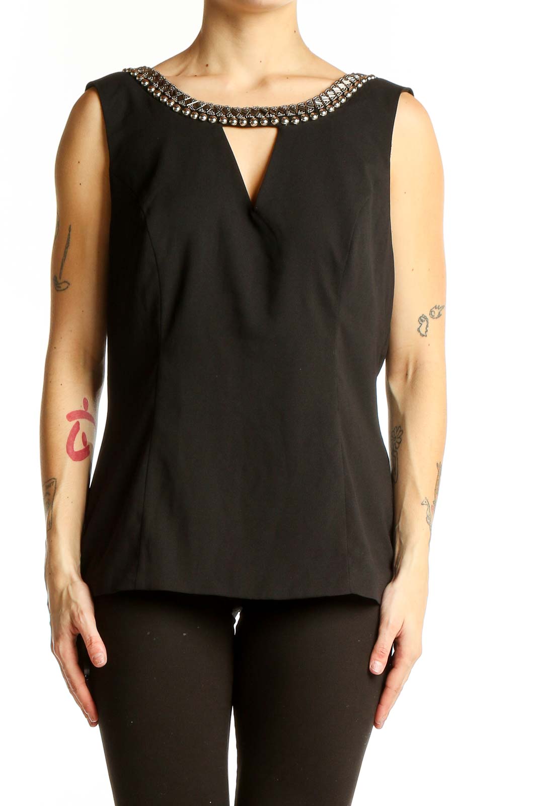 Black Embellished Sleeveless Blouse Front
