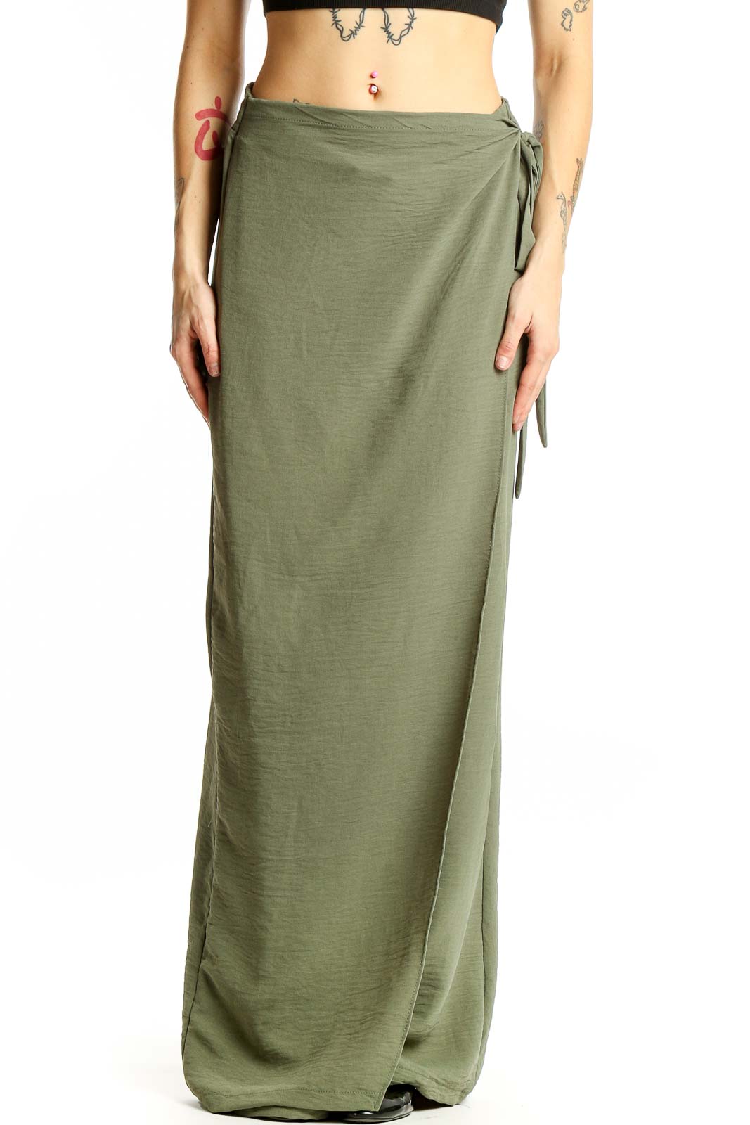 Olive Green Wrap Maxi Skirt Front