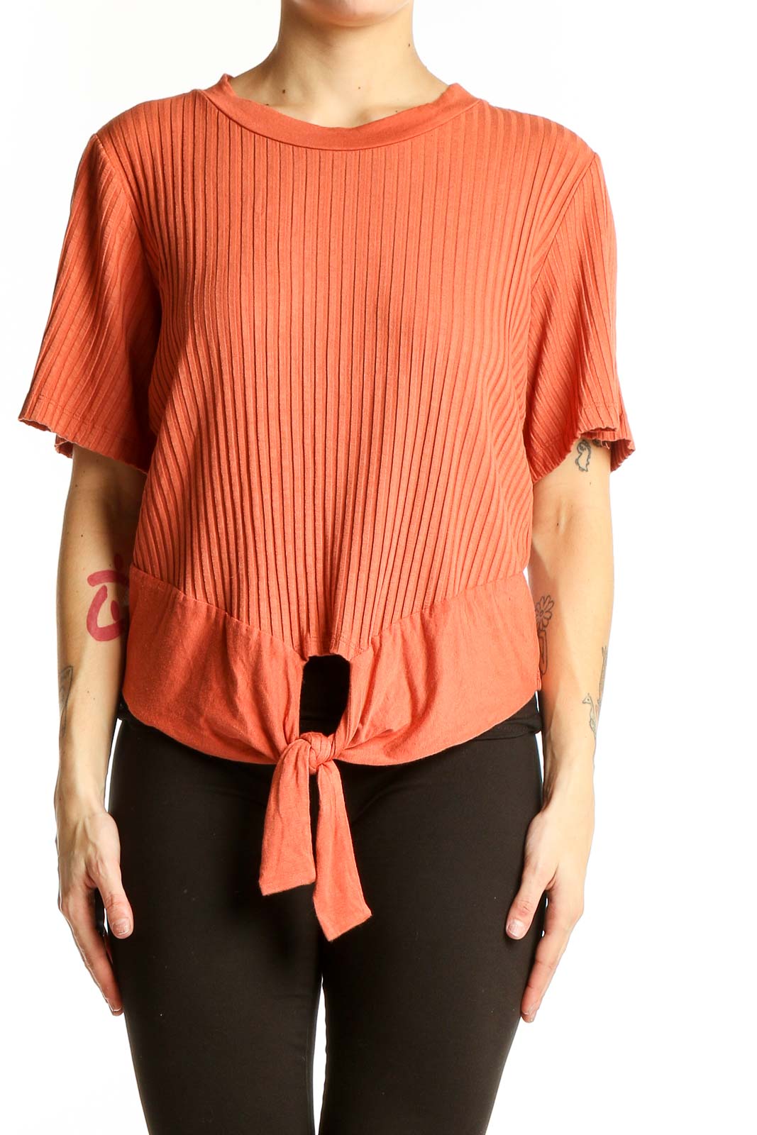 Coral Ribbed Tie-Front Top Front