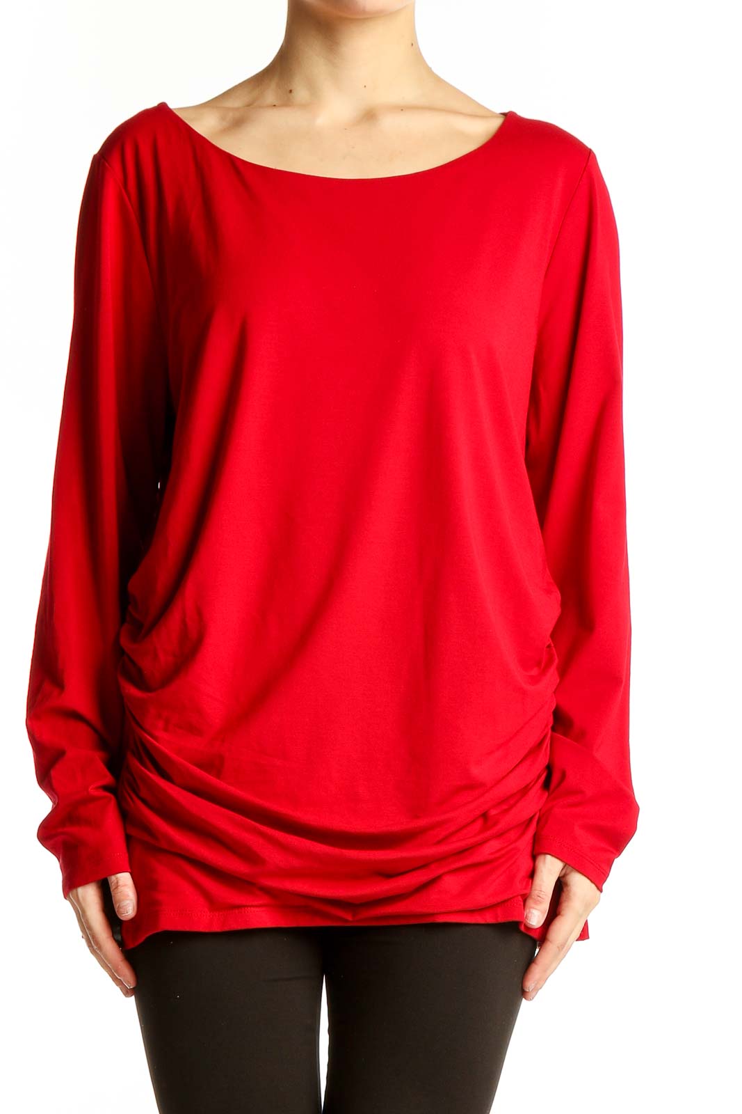 Red Ruched Long Sleeve Rayon Blend Top Front