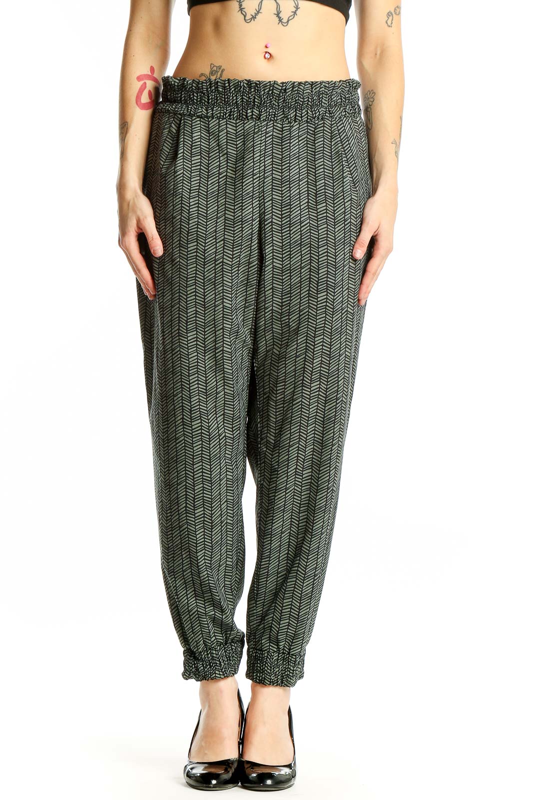 Green Herringbone Pattern Jogger Pants Front