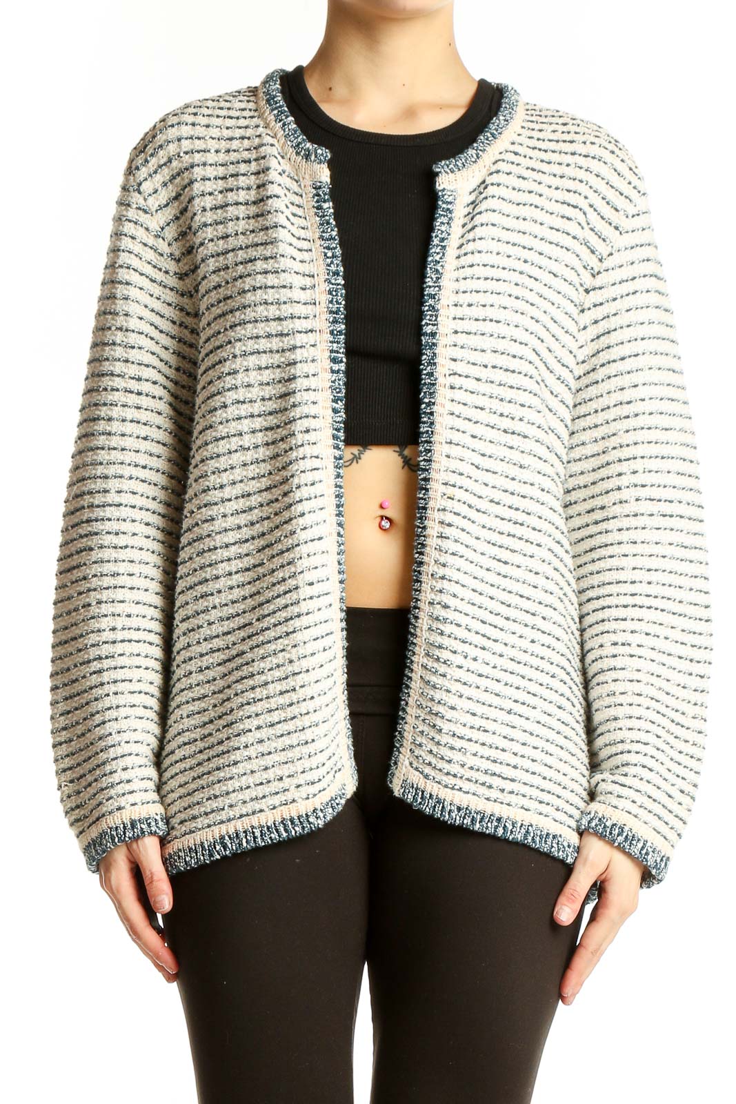 White Striped Open Front Cardigan Front