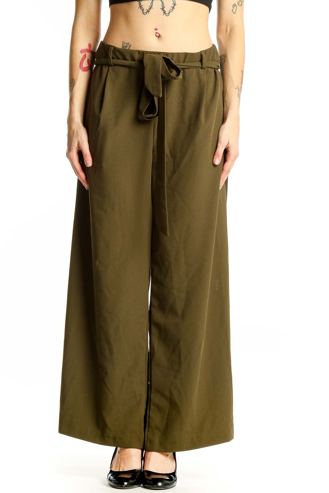 Olive Wide-Leg Belted Pants Front