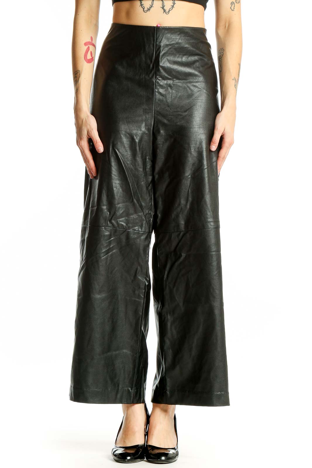 Black Faux-Leather Wide-Leg Pants Front