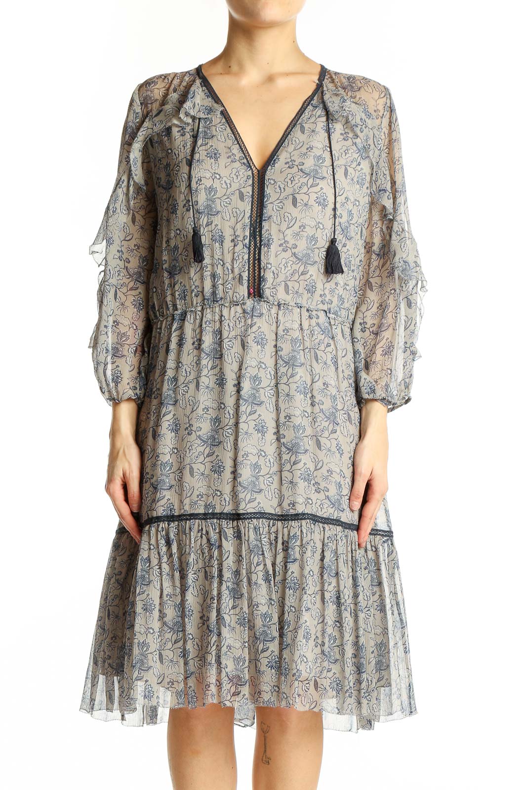 Gray Floral Silk Blend Midi Dress Front