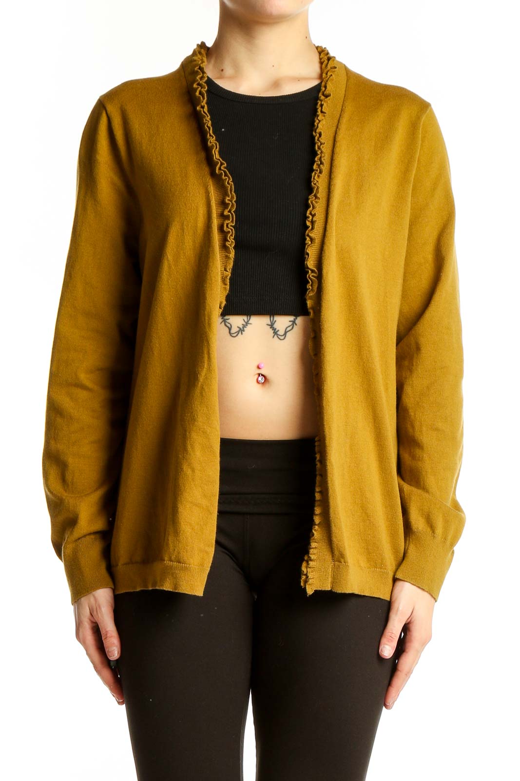 Mustard Ruffle-Trim Open Front Cardigan Front