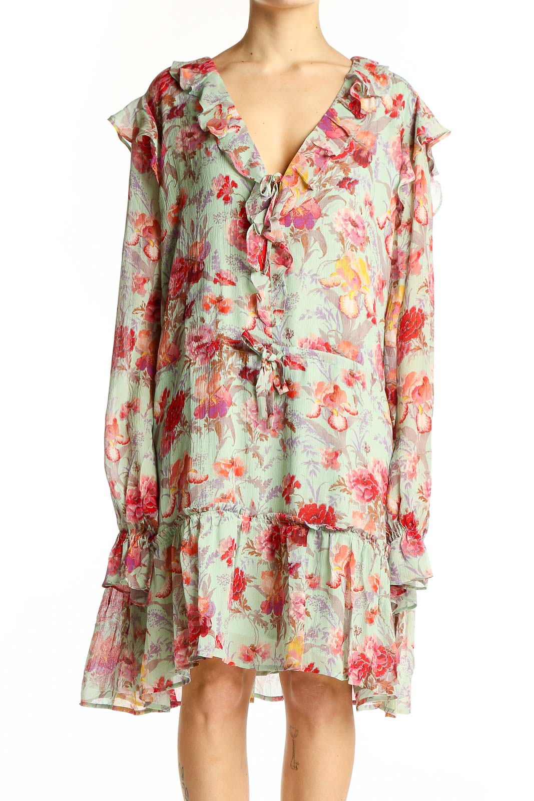 Mint Floral Ruffled V-Neck Dress Front