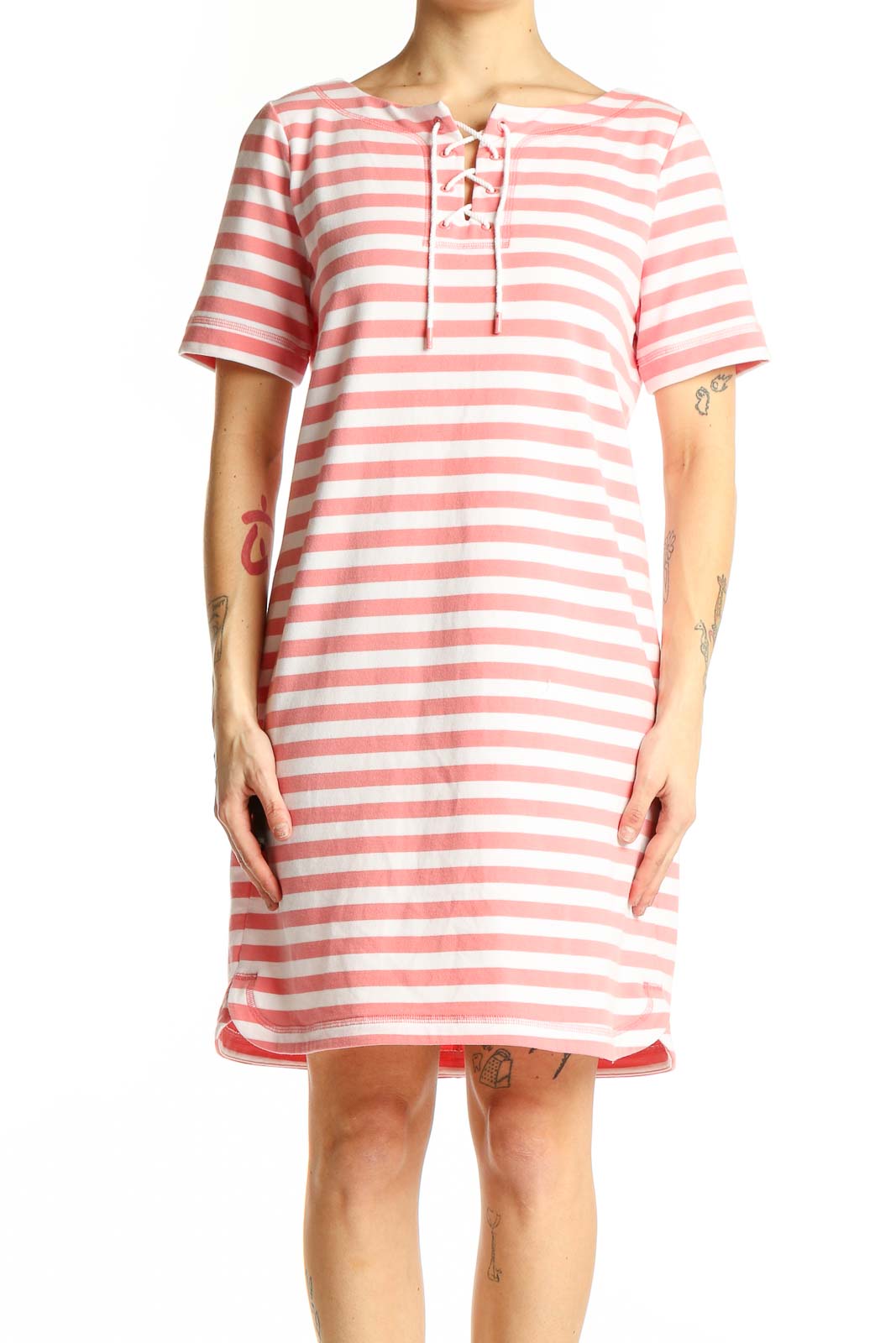Pink Striped Cotton Lace-Up T-Shirt Dress Front