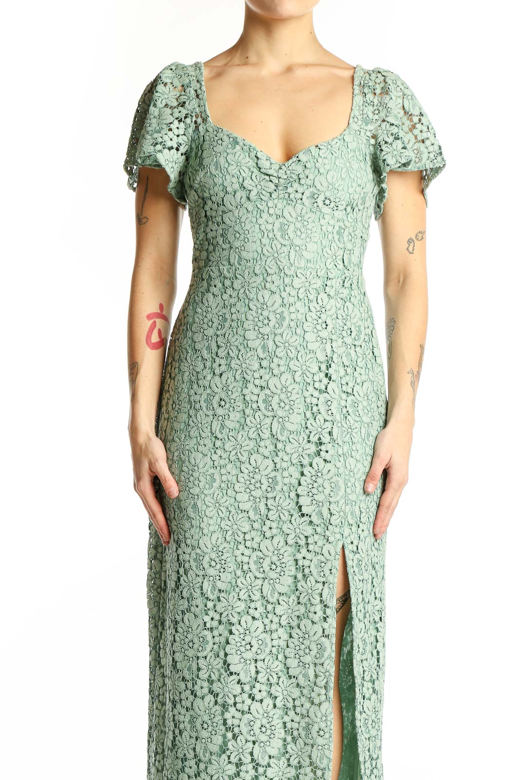 Mint Green Lace Maxi Dress with Side Slit Front