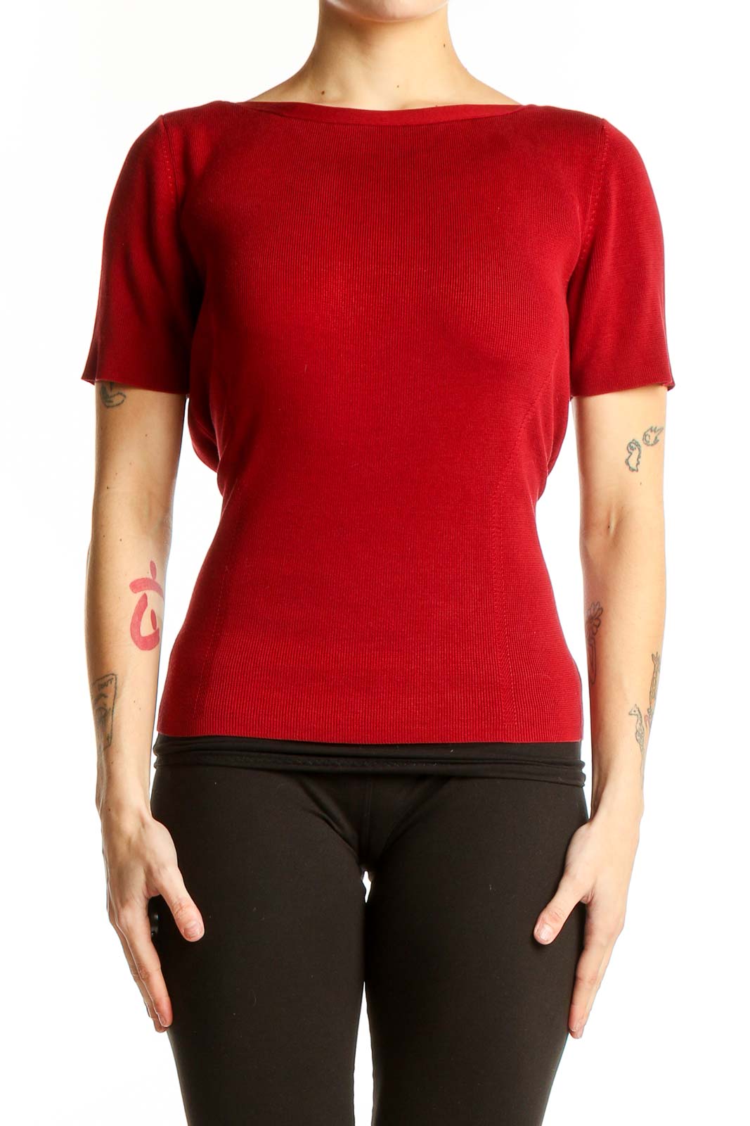 Red Short-Sleeve Boat Neck Top Front
