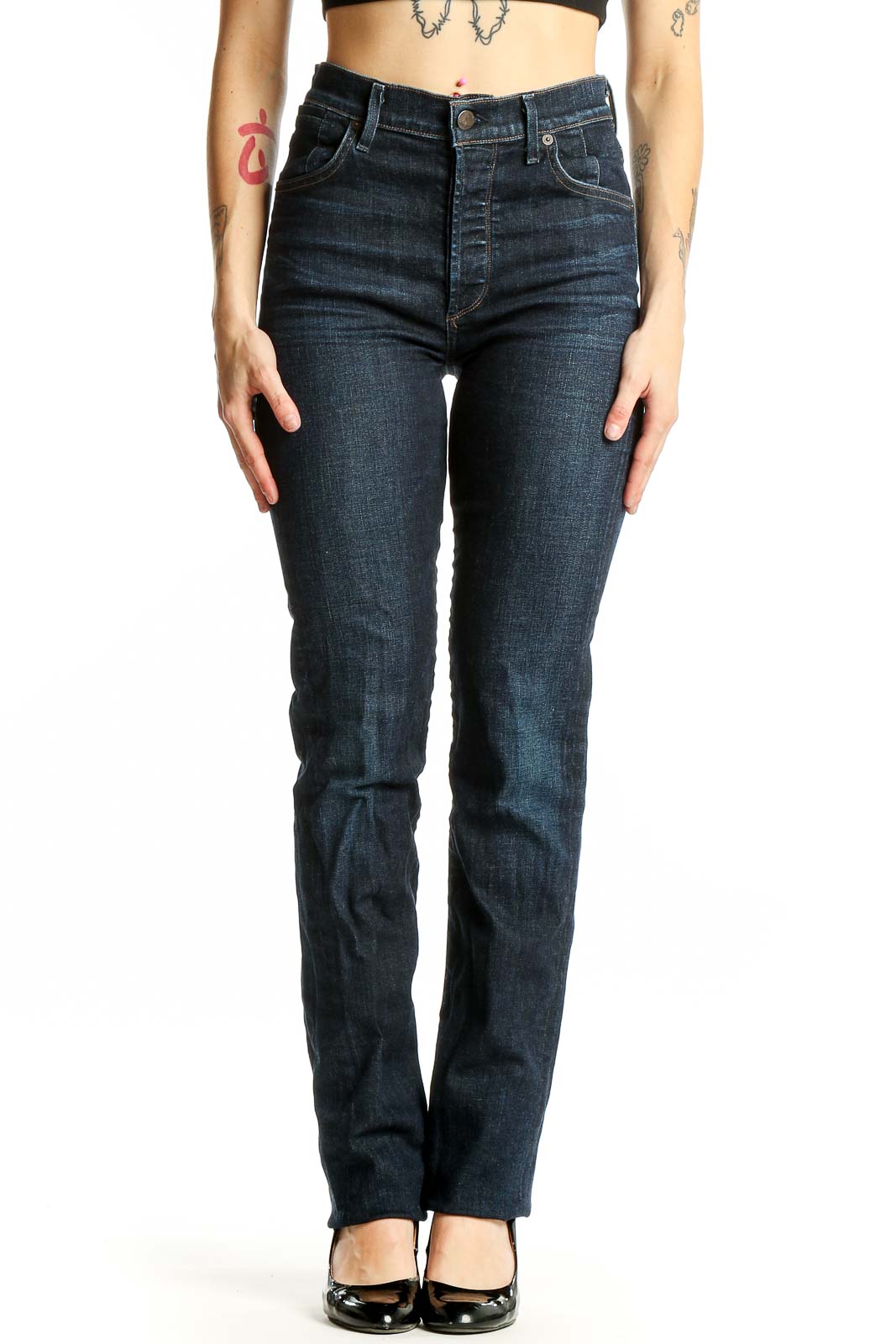 Dark Blue Straight Leg Denim Jeans Front