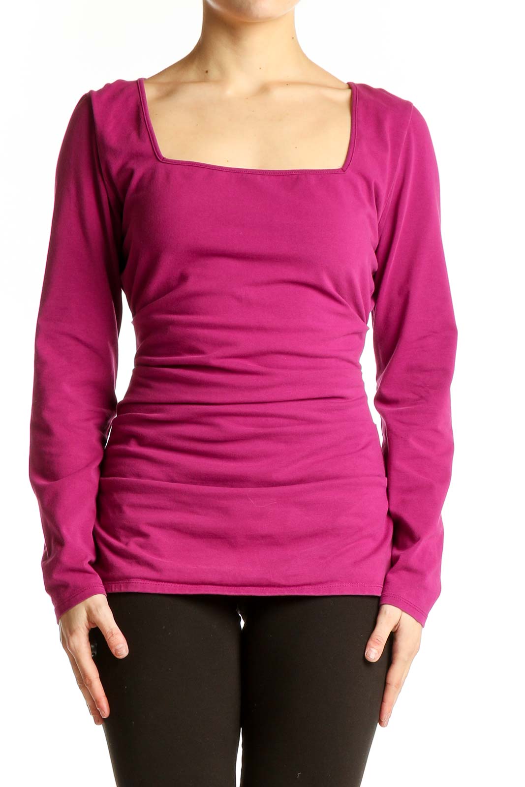 Magenta Square Neck Ruched Long Sleeve Top Front