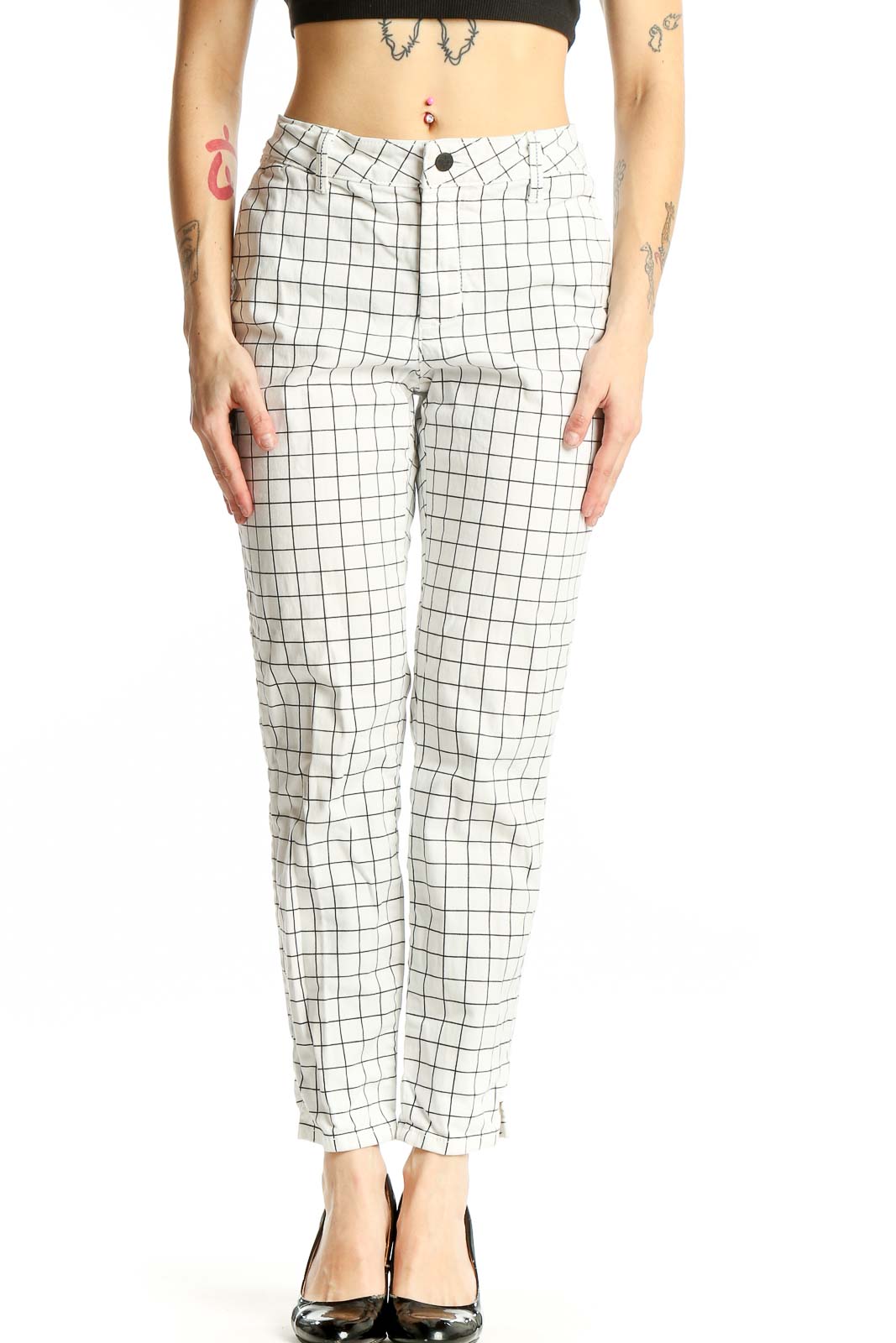 White Grid Pattern Denim Pants Front