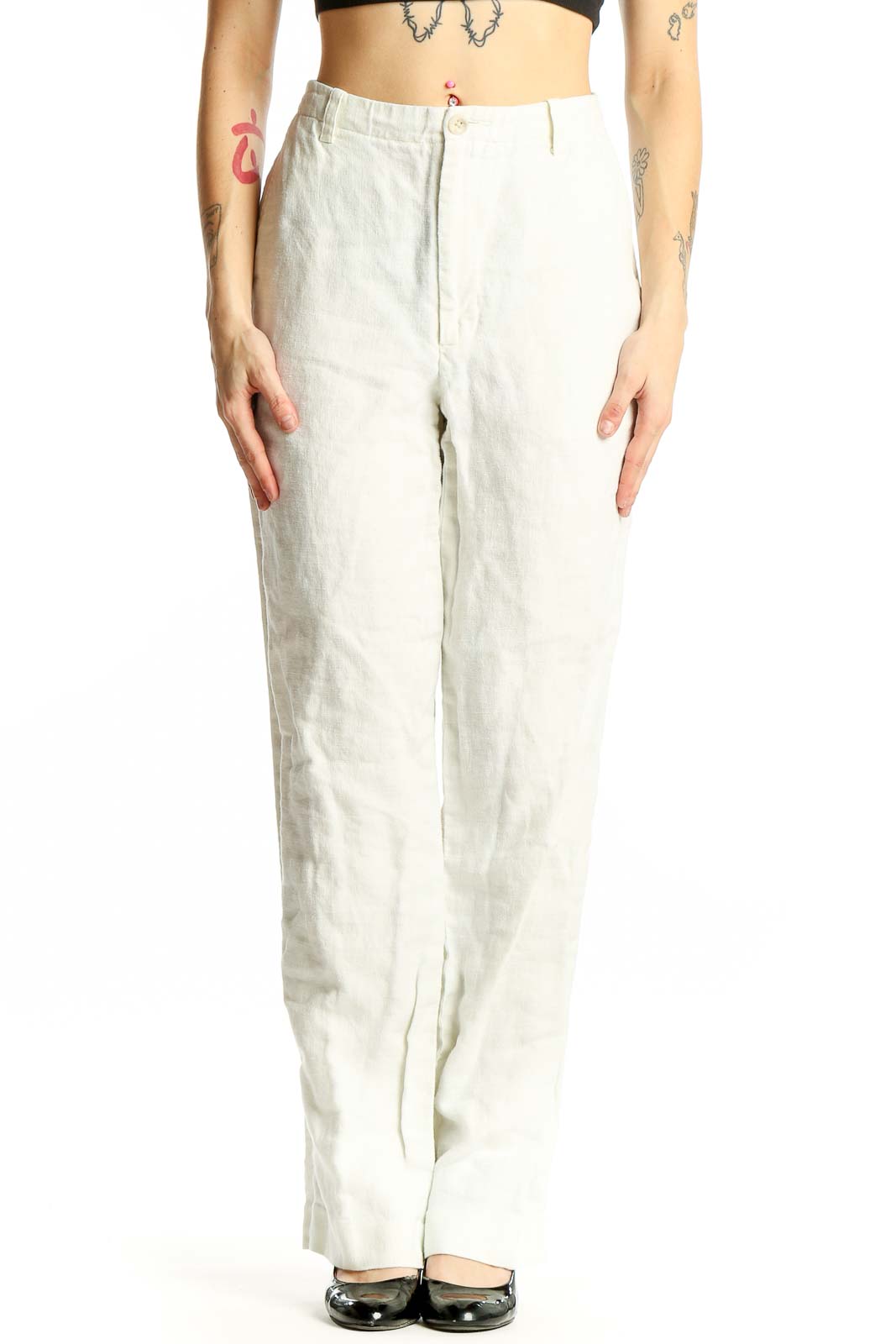 White Linen Wide-Leg Trousers Front