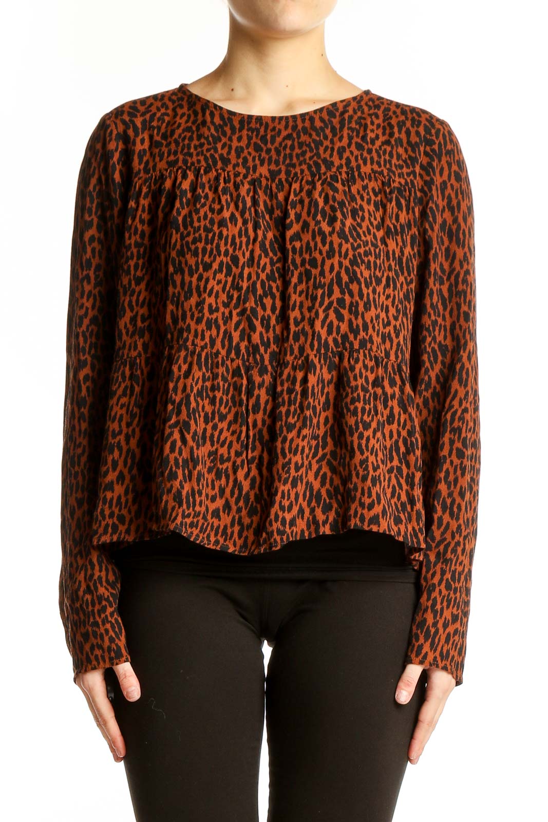 Rust Leopard Print Flowy Blouse Front