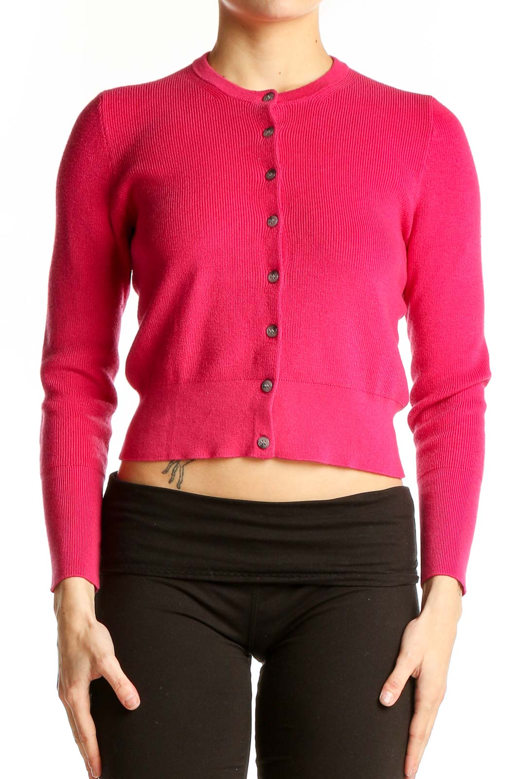 Hot Pink Cropped Cardigan Sweater Front