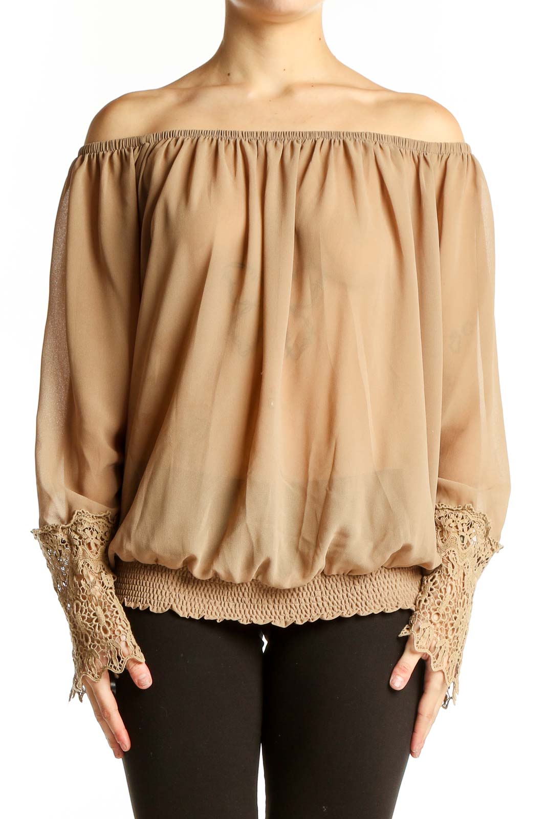 Beige Off-Shoulder Lace-Cuff Blouse Front