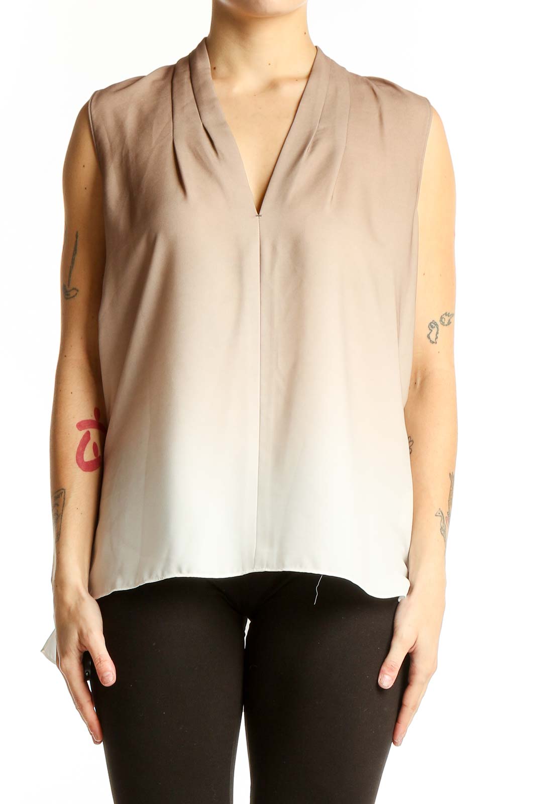 Beige Ombre Sleeveless V-Neck Blouse Front