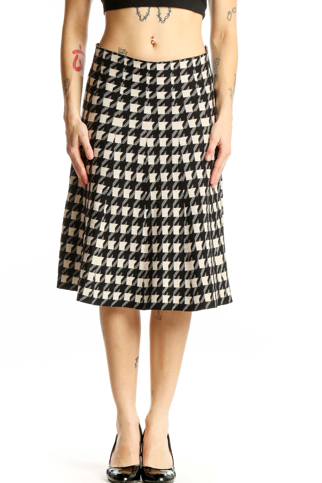 Black and White Houndstooth A-Line Midi Skirt Front