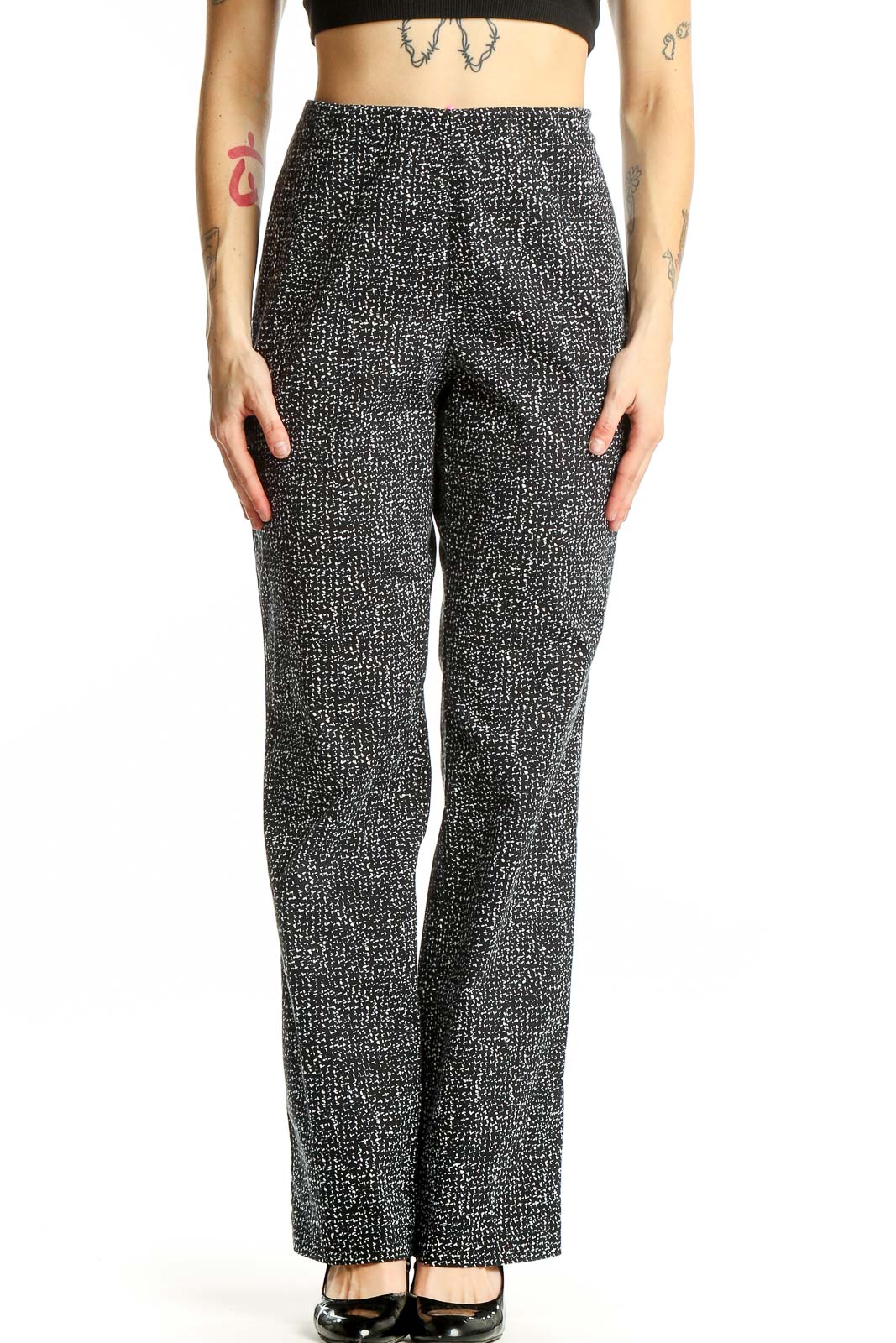 Black and White Textured Wide-Leg Pants Front