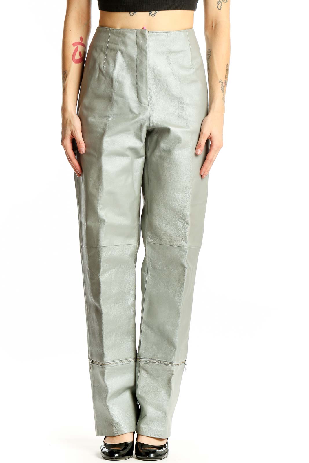 Sage Green High-Waisted Polyester Pants Front
