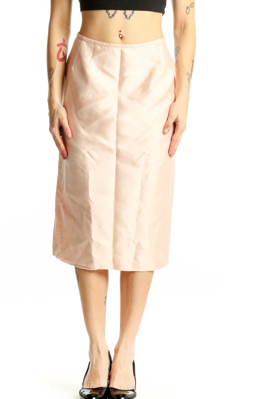 Blush Pink Silk-Wool Blend Midi Skirt Front