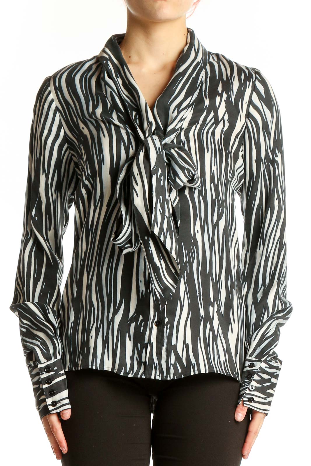 Black and White Zebra Print Silk Blouse Front